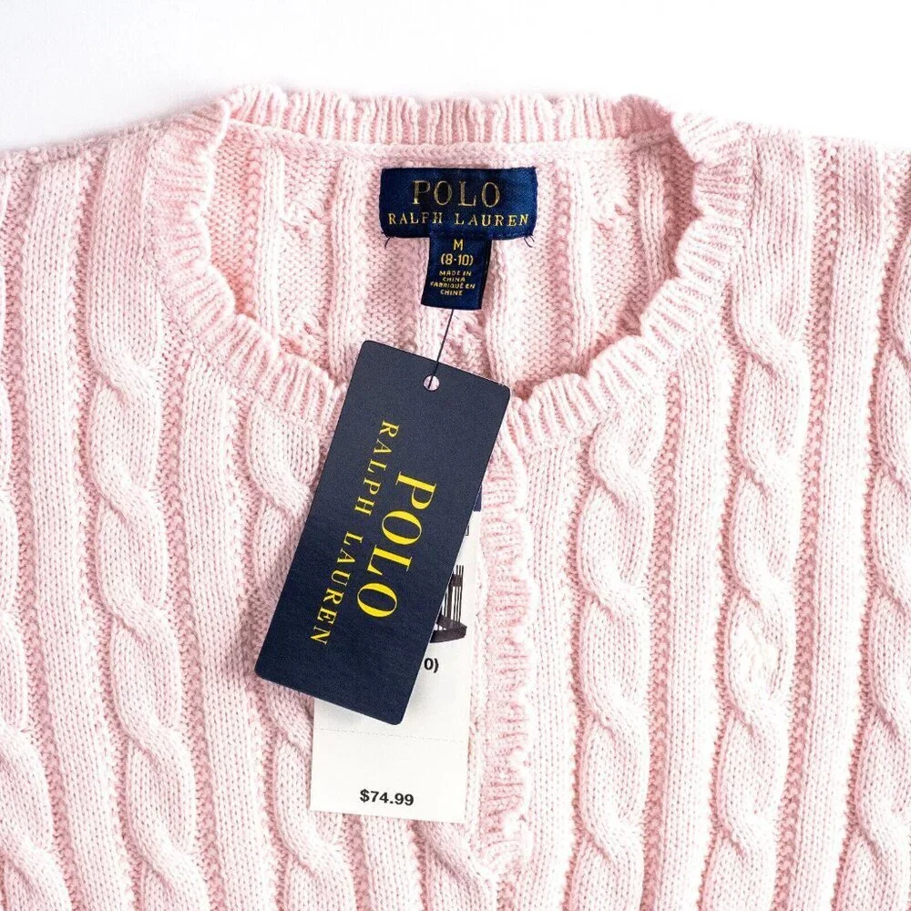 NEW Polo Ralph Lauren Girls Cable Knit Cotton Sweater Dress Pale Pink $75 M 8-10 - Picture 3 of 10